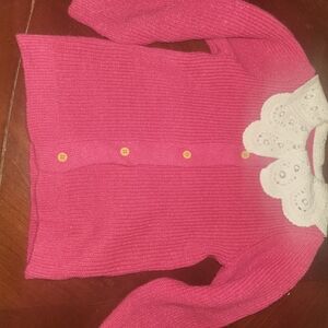 Pink Button-Front Women's Sweater with White Lace Collar